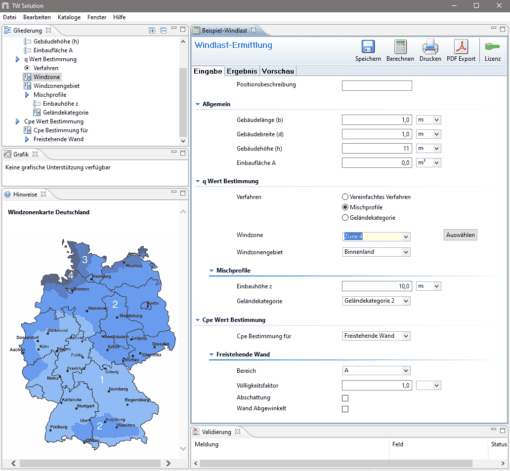 Screenshot der Benutzeroberfläche des TW Windlast Grundmoduls mit Abschnitten für die Eingabe und Ergebnisse der Windlastberechnung. Es enthält eine Deutschlandkarte mit wählbaren Regionen, Feldern für Gebäudespezifikationen und Optionen für Methoden gemäß den Normen DIN EN 1991-1-4.